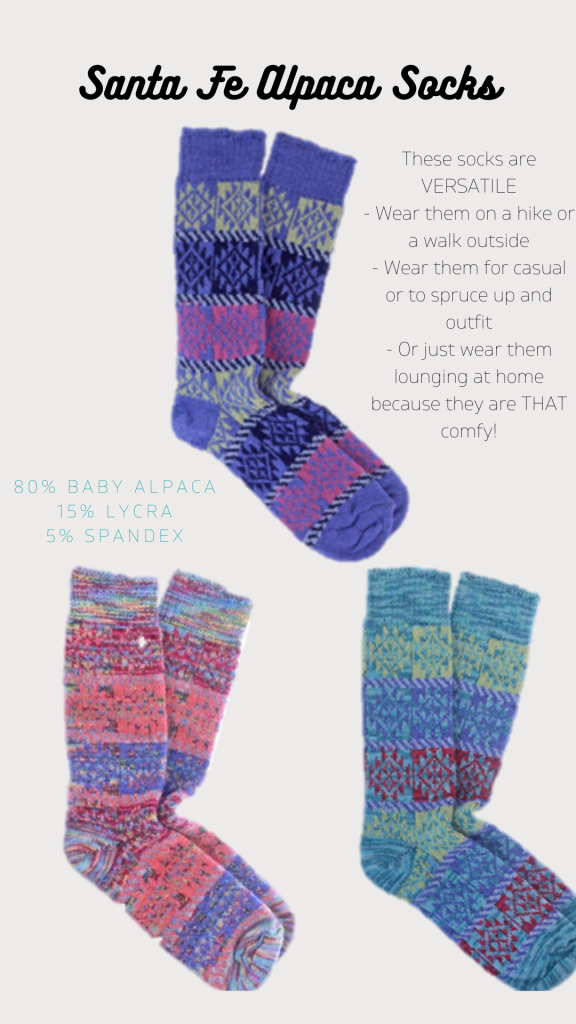 Our alpaca socks are 80% baby alpaca! Super soft, great wicking quality. The perfect Stocking Stuffer!
