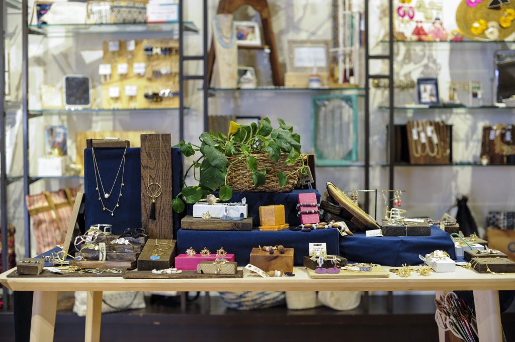 A table and shelves of fair trade products