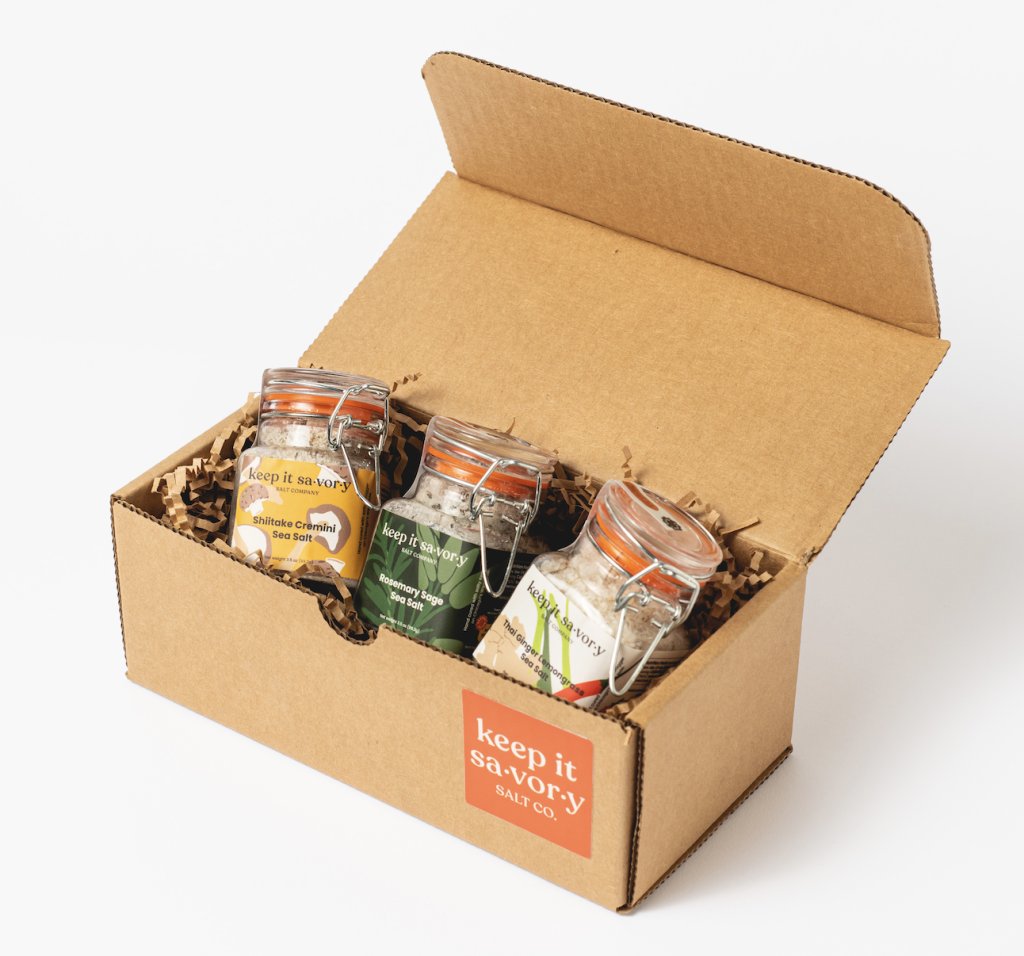 West Side is the Best Side Gift Box: Rosemary Sage, Thai Ginger Lemongrass, & Shiitake Cremini sea salts in a picture-perfect gift set.